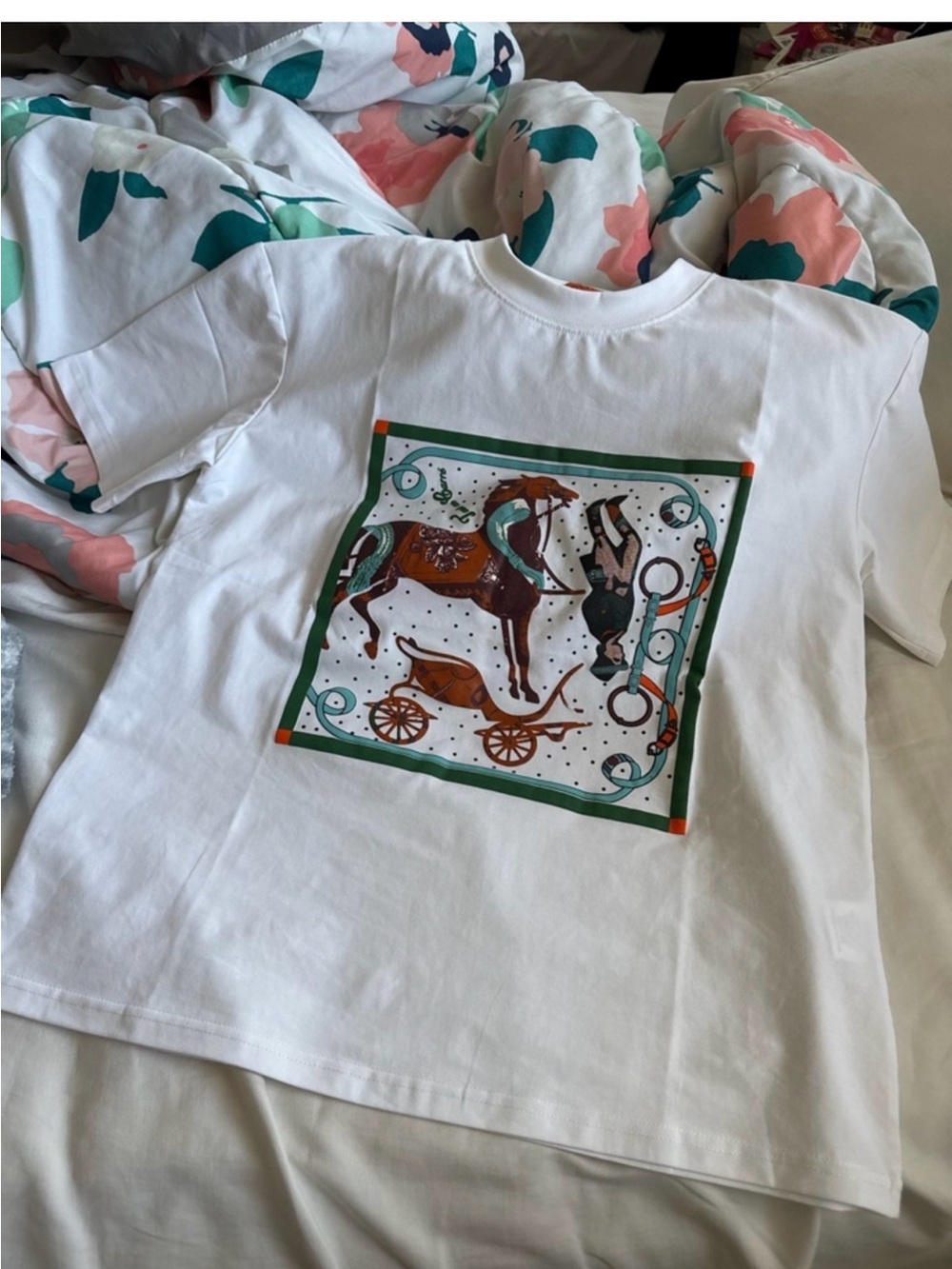 Hermes White Graphic Tee with Green & Brown Print